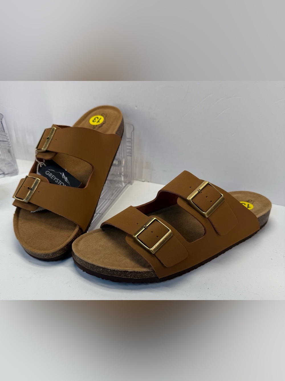 Greystone Reed Double-Buckle Slide Sandals in Brown leather with Brass Buckle 13